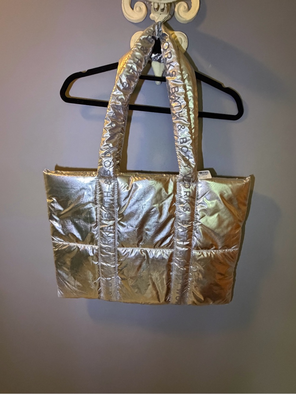 Bath & Body Works Metallic Silver Quilted Tote with Branded Straps